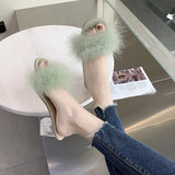 Shoes Transparent Crystal High Heels Woman Feather Fur Slippers Pumps Women Peep Toe Lady Cute Plush Slippers