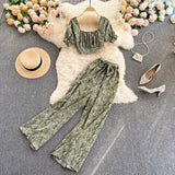Summer Women Holiday Style Chiffon Printing Two Piece Set Short Shirt High Waist Wide Leg Pants Ladies Idyllic Style