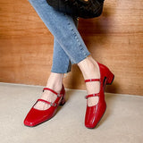 Size 34-39 Women Pumps Genuine Leather Rome Buckle Strap High Heels Shoes For Women Red Chunky Heel Goth Ladies