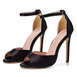 Breakj Cm Sexy Large-Size Black Silk Fish Mouth High-Heeled Sandals Shallow Word Buckle With Round Head High Heel Sandals 4546