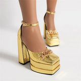 Stone Pattern Women Pumps Big Size Double Platform Shoes For Women Fashion Chain Buckle Strap Square Toe Chunky Heel