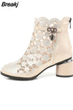 Spring Summer Fashion Rhinestones Gauze Sandals Thick Heels Mesh Autumn Ankle Boots Female Hollow Women's