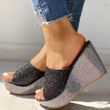 gold silver Sequine Platform Slippers Women Wedge Slides Slippers Summer Beach Slippers Casual Mules Heels