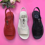 Women Sandals Zipper Flat Soft Pu Leather Sole Comfy Sandalias Summer Casual Mother Shoes Solid