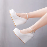Breakj Bottom Heel Single Shoe With White Round Head Waterproof Table Slope Heel Wedding Shoes Pine