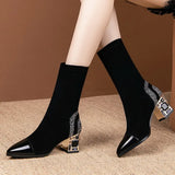Short Boots Woman Mid Calf Boot Elastic Fabric Rhinestone Square Heel Women's Winter Shoes Black Female