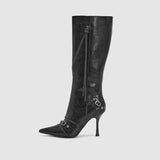 Rivet Boots Female 24 New Thin Heel Hot Girl High Heel Motorcycle Boots Zipper 7Cm Fashion High