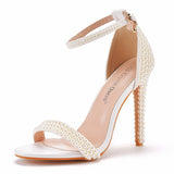 Breakj Heel Sandals White Buckle Shoes Fine Heel Fish Mouth Roman Sandals White Pearl