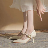 Breakj Pointed Mary Jane Shoes Women's 2023 New Fine Heel Soft Leather Single Shoes One-Word Buckle Fashion Pointed High