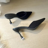 Women High Heels Solid Flock Slippers Mules Pointed Toe Fog Black Slides Women Home Slip On Flip Flops Heels 6CM/9CM Half