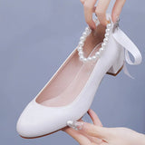 Breakj 3 Cm Square-Head Single Shoe With A Single Shoe Buckle Mary Jane White Shoes Beads Ribbon Wedding