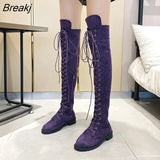 Women's Boots Low Heels Flock Winter Over Knee Boots for Woman 2023 Lace Up Fashion Female Thigh High