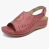 Breakj Summer New Large-Size Slope Heel Sandals Women Hollow Flat Heded Toe Buckle With Retro Hole