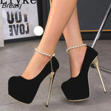 New Design String Bead Ankle Strap Platform Pumps Women Classic Black High Heels Fashion Round Toe Pole Dance Shoes