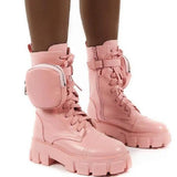 New Autumn Winter Shoes Women Boots Pocket Buckle Strap Ankle Boots Pink PU Leather Mid-calf Platform Booties