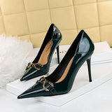 Breakj High-Heeled Women's Shoes Fine Heel Bright Face Lacquer Leather Shallow Mouth Tip OL High Heel Metal Belt Buckle Single