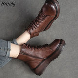 Winter Genuine Leather Ankle Boots Lace-Up 2023 Handmade Lady Soft Flat Shoes Comfortable Side Zip Ankle Boots Size