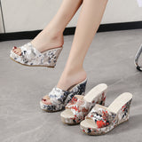 Size Women's Shoes A Word New Round Head Casual Flowers Thick Bottom Fish Mouth Slope Outside Wearing Cool Slippers