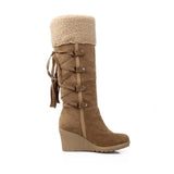 Women Boots Wedge High Heel Winter Shoes Black Snow Boots Knee High Thick Warm Fur Boots Plus Size 41 42 43