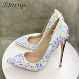 Bling Sequins Women White Pointy Toe High Heel Shoes for Wedding Party Sparkle Celebrity Stiletto Pumps 8cm 10cm