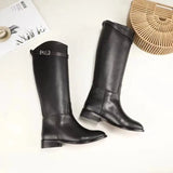 New Women Motorcycle Booties Belt Strap Metal Shark Lock Flat Heel Knee High Boots Woman Shoes Genuine Leather Botas
