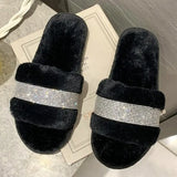 Luxury Rhinestone Women Warm Fur Slippers Cozy Fluffy Furry Slides Crystal Flat Indoor Slides Design Home Shoes Ladies