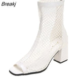 Summer New Fashion Mesh/mesh Fish Mouth Short Tube High Heels Hollow Women's Breathable Riding Boots Thick Heel
