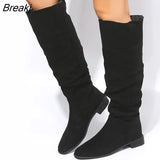 High Quality Pleated Boots Women Black Nude Faux Suede Flock Knee High Boots Ladies Flat Autumn Winter Dress