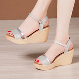 High-Heeled Sandals Women's Gold 2023 New Summer Muffin Thick Soles Large Size One-Word Flat-Soled Soft Sandals Comfortable