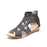 Women's Sandals Summer Golden Zipper Sandal Open Toe Gladiator Hollow Low Heel Sandals Bling wedges Pumps Ladies'