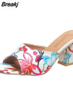 High Heeled Women's Slippers 2023 European Style Flower Pattern Comfy Walking Shoes Plus Size Summer Outside Lady