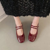 Vintage Silver Single Shoes Women's Thick Heel 2024 Spring Square Head Shallow Mouth Belt Buckle College Wind Mary Jane