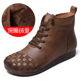 Breakj Time 138] National Wind Leather Hand-Woven Flat Bottom Short Boots Cow Skin Boots Soft Bottom Women's Cotton