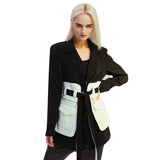 Patchwork Hit Color Jackets For Women Notched Collar Long Sleeve High Waist Lace Up Coats Female Fashion 2022