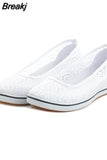 White Flat Middle Wedge Heel Women's Summer Canvas Shoe 2023 Hollow Breathable White Flats Footwear Ladies Nurse