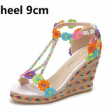 Queen Women Wedge Sandals White Lace Flowers Tassel Bridal Fine High Heels Open Toe Summer Wedding