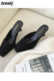Weave Slippers Women High Heel Square Toe Shallow Mule Outdoor Slide Fashion Black White Plaid Flip Flops Zapatillas