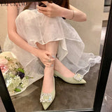 Rhinestone Square Buckle Decor Chunky Heeled Pumps 2023 New Party Wedding Shoes Fashion Pointed Toe Low Heel High