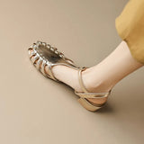 Breakj Leather Woven Hollow Out Thick Heel Sandal Female Summer New Retro Round-Shaped Low Heel Cage