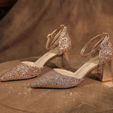 Breakj Shoes Crystal Shoes Women Wedding Shoes White Wedding Shoes Coarse Hedliers Buckle High