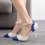 Breakj Cm Tling Blue And White Lace Flower Banquet Stage Sandals Fine Heel Sandals Women's Ball Cheongsam Pointed