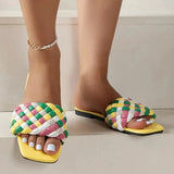 Mix Color Woven Summer Slippers Women 2023 New Square Toe Flat Sandals Woman Plus Size Non Slip Beach Slides Flip