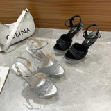 Summer Style With Flower Sequins With Ultra High Heel Transparent Bottom Crystal Thick Heel Women's Singles Shoes Sandal Wedding Bridesmaid
