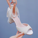 Breakj Cm Pearl Fish Mouth Coarse Sandals Shallow Buckle With Large-Size Beads Drifting Sandals Bride Beaded Wedding Shoes