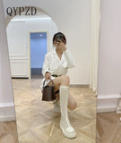 Cool Boots Knee High Pu Leather Mesh Zipper Female Pumps Spring Round Toe Platform Block High Heel Women