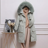 Winter Artificial Fur Hooded Long Jacket 90% White Duck Down Coat Big Pocket Parkas Loose Warm Jackets Yellow Snow