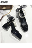 High Heels Elegant Bow Square Toe Black Fashion Women's Pumps Thick Heel Wedding Party Pearl Lace Wedding Shoes for