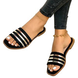Summer Women Slipper Flat Fashion Female Shoes Square Toe Flat Round Buckle Decoration Solid Flats Sandals Beach