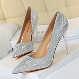 Breakj High-Heeled Women's Shoes Thin Heel High Heel Shallow Pointed Sequin Sexy Thin Nightclub Single Shoes Wedding