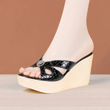 Slope Heel Slippers Women Summer 2024 Muffin Thick Soles Wear One-Word Flip-Flops Large Size Slippers Wear Fashionable Lacquered Leather